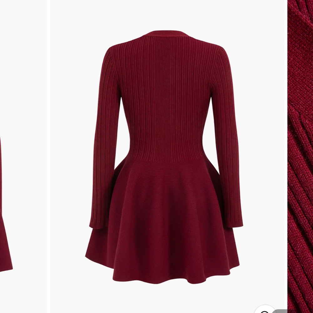 Knit Puff Hem Long Sleeve V-neck Dress - Picture 2 of 3